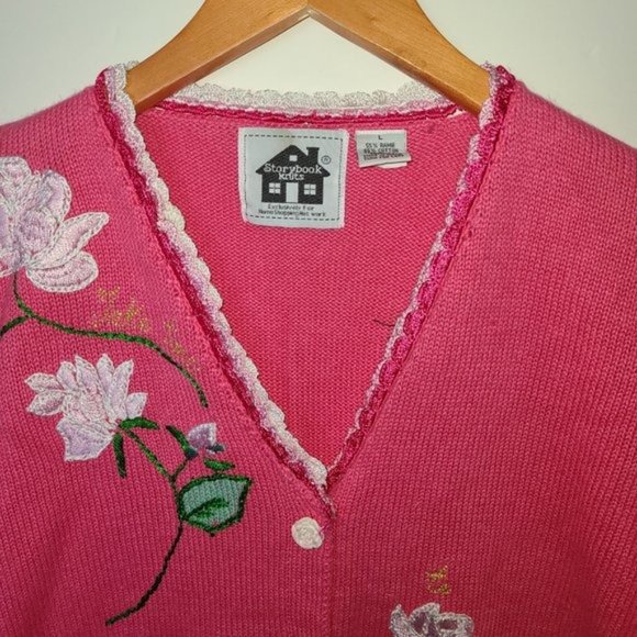Storybook Knits Pink Cardigan Sweater Roses L - Picture 3 of 14
